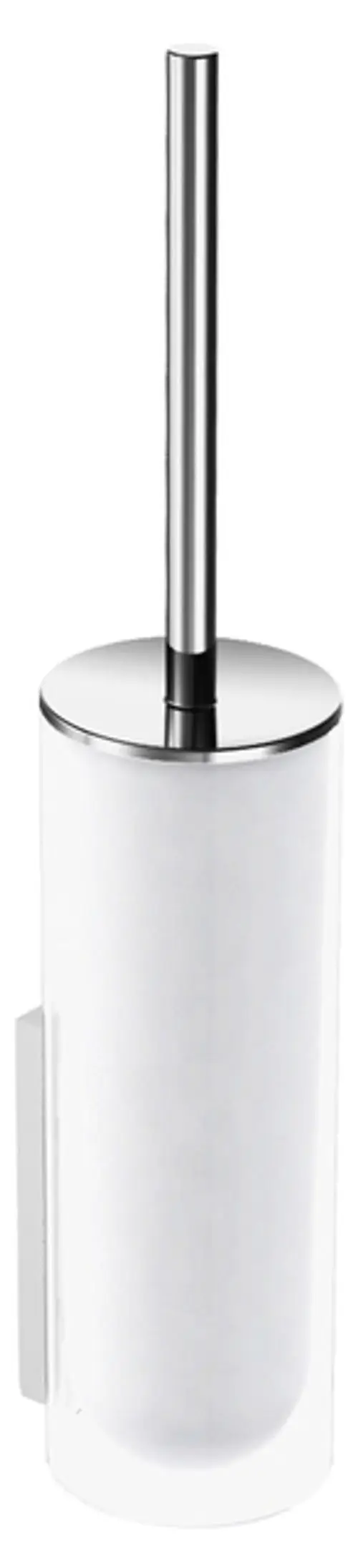 Toilettenbürstenhalter mit einem weißen, glänzenden Behälter und einem langen, silbernen Griff. Elegant und modern im Design, geeignet für Badezimmer.